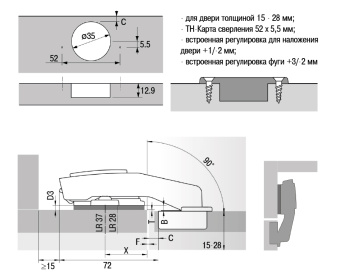 Петля HETTICH Sensys 8639i W90 (B4) 95°, ТФ 15-28, д/фальшпанелей, с доводчиком TH52 Ø35, никель